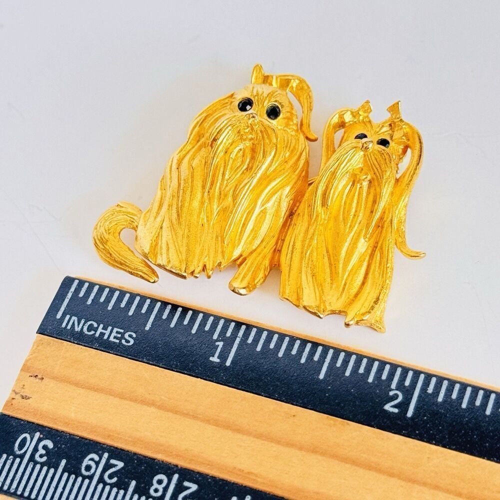 Vintage Bob Mackie gold tone double dog Lhasa Apso Brooch Two Puppies Dogs - Picture 8 of 10